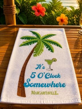 Margaritaville White Towel with Green Palm Tree and Turquoise Text